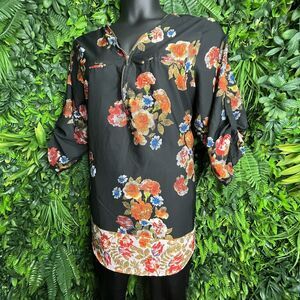 MPH Tops Women 3XL Black Blouse Floral Print‎ Zip Front Detail  0155